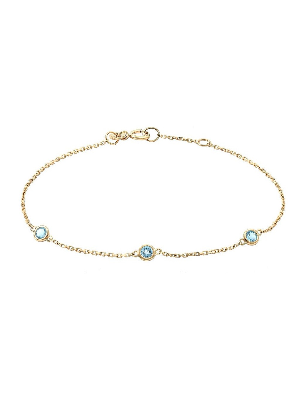 14K Real Yellow Gold Three Round Bezel Set Blue Topaz Bracelet 6.5-7"